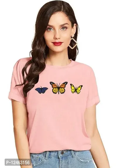 Elegant Pink Cotton Printed Round Neck T-Shirts For Women