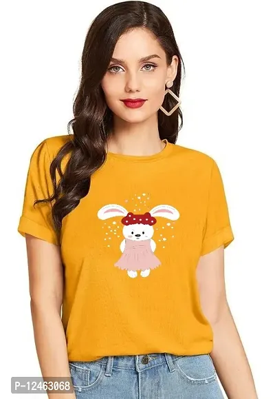 Elegant Yellow Cotton Printed Round Neck T-Shirts For Women