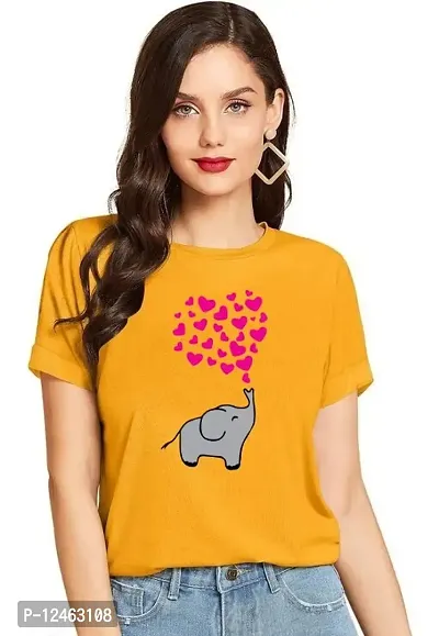 Elegant Yellow Cotton Printed Round Neck T-Shirts For Women