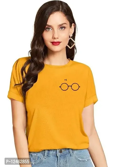 Elegant Yellow Cotton Printed Round Neck T-Shirts For Women