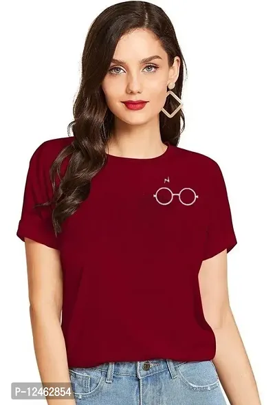 Elegant Maroon Cotton Printed Round Neck T-Shirts For Women