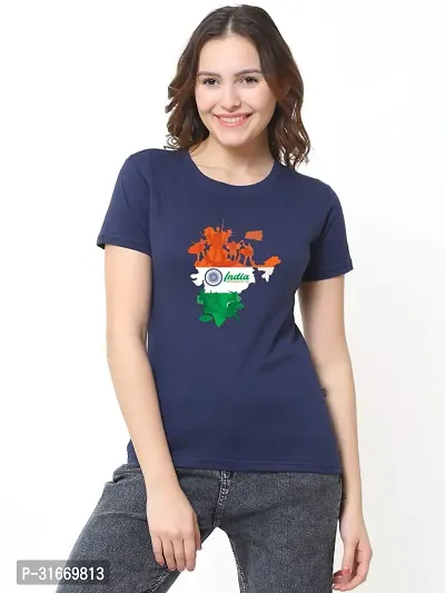 Elegant Navy Blue Cotton Printed T-Shirts For Women-thumb0