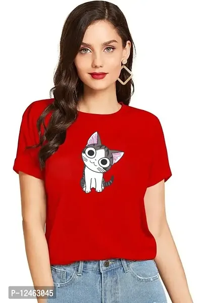 Elegant Red Cotton Printed Round Neck T-Shirts For Women