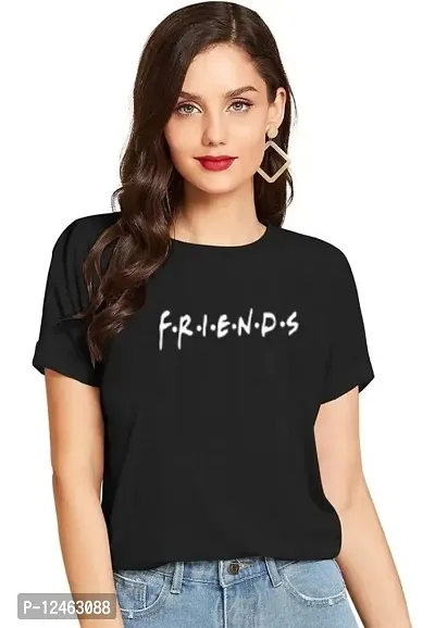 Elegant Black Cotton Printed Round Neck T-Shirts For Women