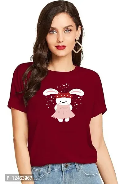 Elegant Maroon Cotton Printed Round Neck T-Shirts For Women-thumb0