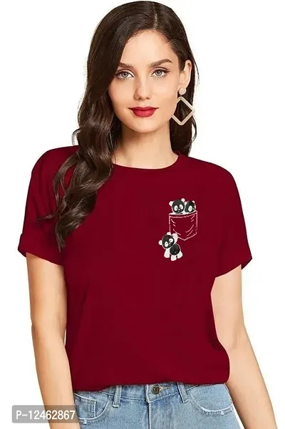 Elegant Maroon Cotton Printed Round Neck T-Shirts For Women