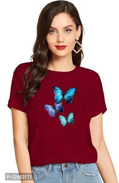 Elegant Maroon Cotton Printed Round Neck T-Shirts For Women