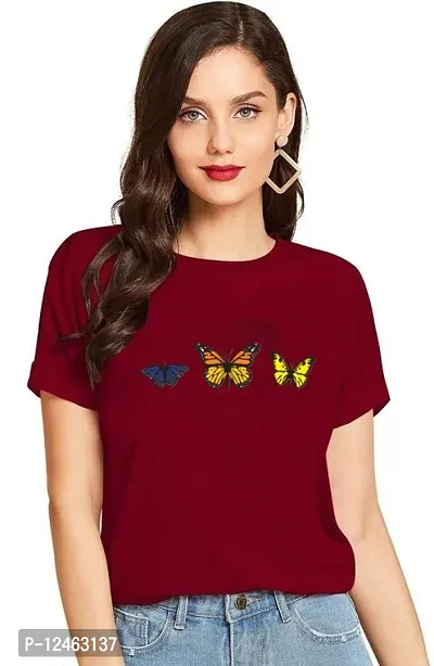 Elegant Maroon Cotton Printed Round Neck T-Shirts For Women