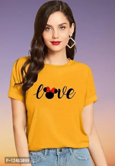 Elegant Yellow Cotton Printed Round Neck T-Shirts For Women