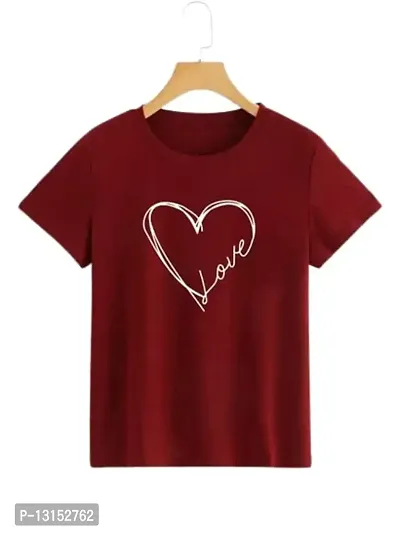 Cintia Women Print Heart Love Tshirt | Half Sleve Plain | Regular Fit Ladies T Shirt for Women & Girls | Cotton Shirt for Women | T-Shirt for Women | T-Shirt Heart Love | Red-thumb0