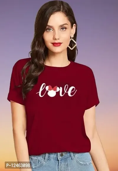 Elegant Maroon Cotton Printed Round Neck T-Shirts For Women