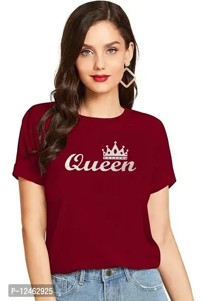 Elegant Maroon Cotton Printed Round Neck T-Shirts For Women-thumb0