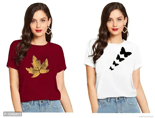 Elegant Cotton Printed Round Neck T-Shirts For Women- Pack Of 2