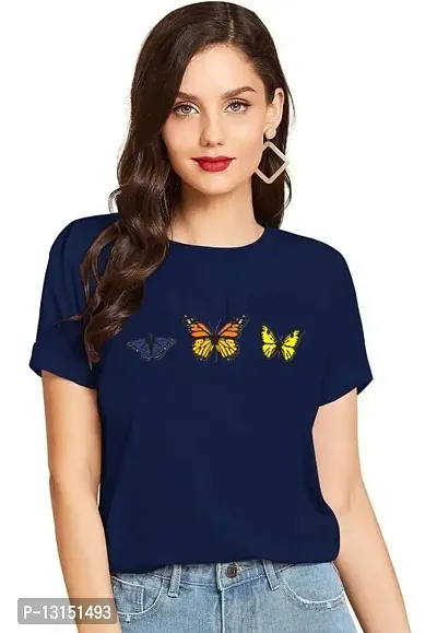 Cintia? Women Print Smile hirt | Half Sleve Plain | Regular Fit Ladies T Shirt for Women & Girls | Cotton Shirt for Women | T-Shirt 3YellowButterfly Blue-L