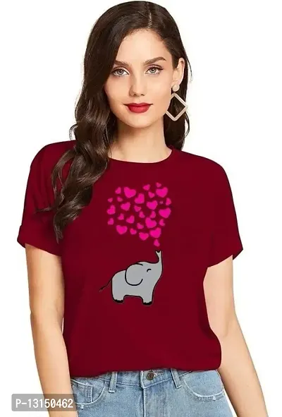 Cintia? Women Print Smile hirt | Half Sleve Plain | Regular Fit Ladies T Shirt for Women & Girls | Cotton Shirt for Women | Elephant Maroon-M-thumb0