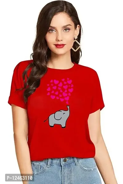 Elegant Red Cotton Printed Round Neck T-Shirts For Women-thumb0