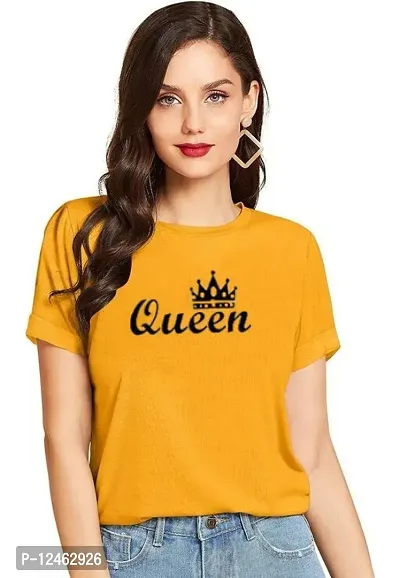 Elegant Yellow Cotton Printed Round Neck T-Shirts For Women-thumb0