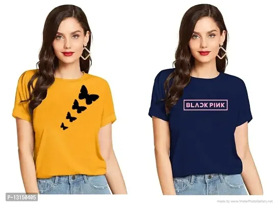 Cintia? Women Print Smile Tshirt | Half Sleve Plain | Regular Fit Ladies T Shirt for Women & Girls | Cotton Shirt for Women | T-Shirt for Women Yellow-Blue - X-Large-thumb0