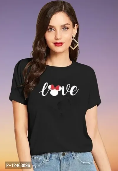 Elegant Black Cotton Printed Round Neck T-Shirts For Women