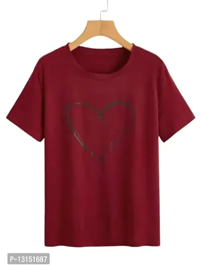 Cintia Women Print Heart Love Tshirt | Half Sleve Plain | Regular Fit Ladies T Shirt for Women & Girls | Cotton Shirt for Women | T-Shirt for Women | T-Shirt Heart Love | Maroon-thumb0