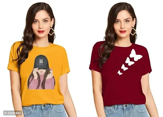 Cintia? Women Print Smile Tshirt | Half Sleve Plain | Regular Fit Ladies T Shirt for Women & Girls | Cotton Shirt for Women | YellowMaroon -XL