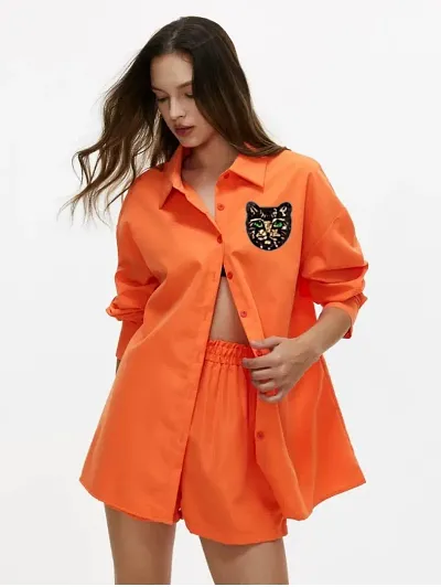 Fancy Orange Crepe Solid Co-Ords Sets For Women