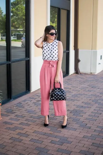 Fancy polka Dot Print Top with Solid Bottom