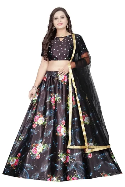 Attractive Satin Silk Semi Stitched Printed Lehenga Cholis For Women