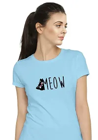 Stylimo Women's Slim Fit Sky Blue Meow T-Shirt_S-thumb4