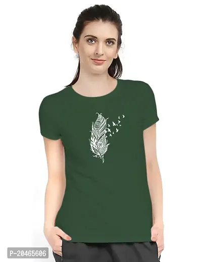 Stylimo Women's Slim Fit Green Feather T-Shirt_XL