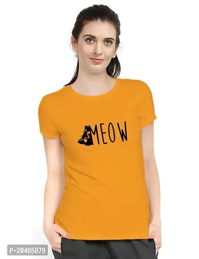 Stylimo Women's Slim Fit Mustard Meow T-Shirt_L-thumb1