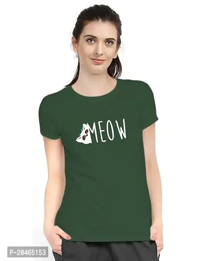 Stylimo Women's Slim Fit Green Meow T-Shirt_M