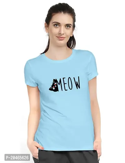 Stylimo Women's Slim Fit Sky Blue Meow T-Shirt_S