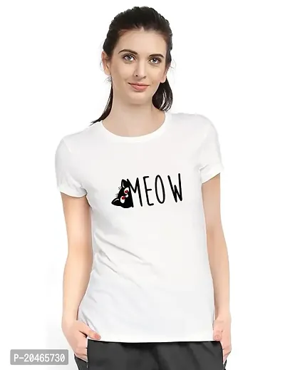 Stylimo Women's Slim Fit White Meow T-Shirt_L-thumb1