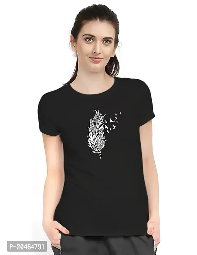 Stylimo Women's Slim Fit Black Feather T-Shirt_S