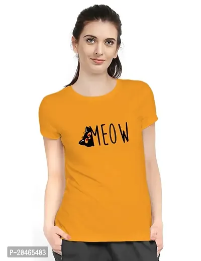 Stylimo Women's Slim Fit Mustard Meow T-Shirt_XL-thumb1