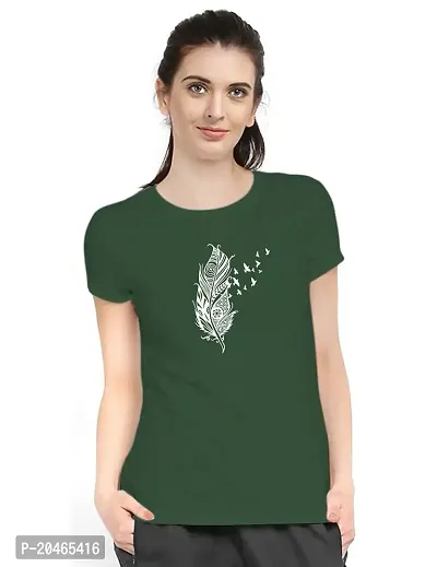 Stylimo Women's Slim Fit Green Feather T-Shirt_M