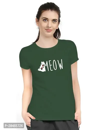 Stylimo Women's Slim Fit Green Meow T-Shirt_S-thumb1