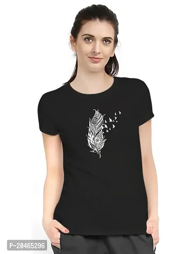 Stylimo Women's Slim Fit Black Feather T-Shirt_L-thumb1