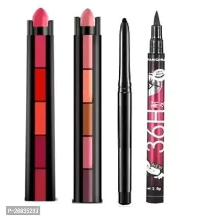 Combo Of Multicolor Proffessional The Red Edition 5 In 1 Finish 5 Shades, The Nude Matte Lipstick Matte Stick 5 In 1 Finish 5 Shades And 36 H Waterproof Long-Lasting Eyeliner And Deep Black Kajal Beautiful Pa-thumb0