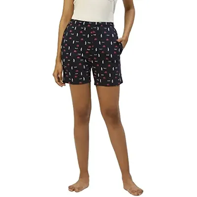 BROOWL Womens Cotton Printed Shorts/Lounge Pants/Half Pant (X-Large, Navy Blue)