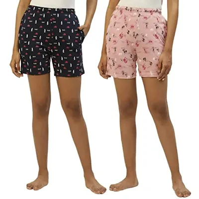BROOWL Women's Cotton Printed Regular Shorts (Pack of 2) (Medium, Multicolor)