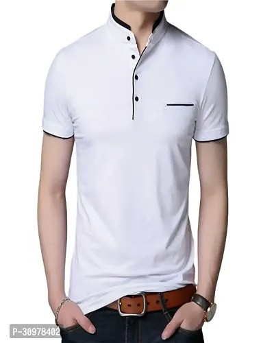 White Cotton Blend Solid Half Sleeves Casual T-shirt For Men-thumb0