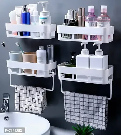 Multipurpose Wall Mount Bathroom Shelf and Rack for Home and Kitchen. Self-Adhesive Sticker Hooks Support Without Drilling Bathroom Organizer.(4 Bathroom Shelf+2 Towel Hanger)-thumb0