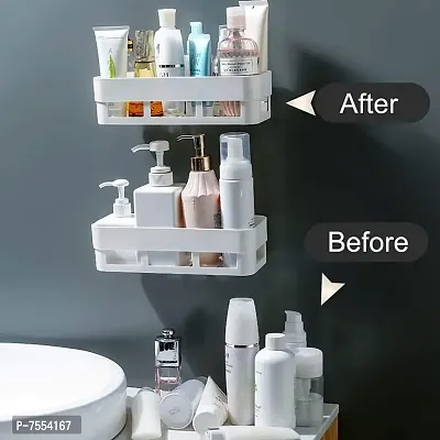 Multipurpose Wall Mount Bathroom Shelf and Rack for Home and Kitchen. Adhesive Sticker Support Without Drilling. (White, 2 Bathroom Shelf with 1 Towel Hanger)-thumb4