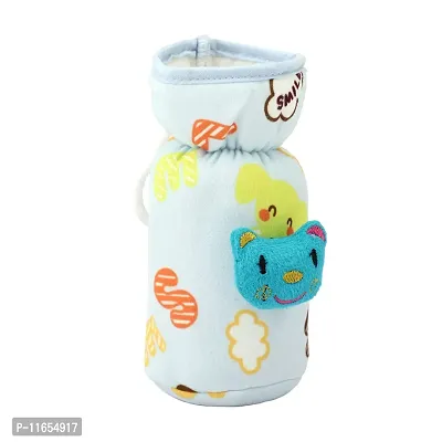 MW PRINTS Soft Plush Stretchable Baby Feeding Bottle Cover with Easy to Hold Strap | Cute Animated Overall Print Suitable for 125ml-250ml (Blue & Yellow)-thumb3