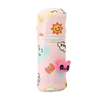 MW PRINTS Soft Plush Stretchable Baby Feeding Bottle Cover with Easy to Hold Strap | Cute Animated Overall Print Suitable for 125ml-250ml (Pink & Yellow)-thumb2