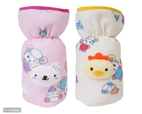 MW PRINTS Soft Plush Stretchable Baby Feeding Bottle Cover Easy To Hold with attractive cartoon| (pack of 2) (Pink  Yellow, 60-125 ML)