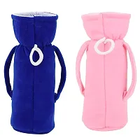 MW PRINTS Soft Plush Stretchable Baby Feeding Bottle Cover Easy to Hold Strap with Animated Cartoon Suitable for 125 ML-250 ML Feeding Bottle (Blue & Pink)-thumb1