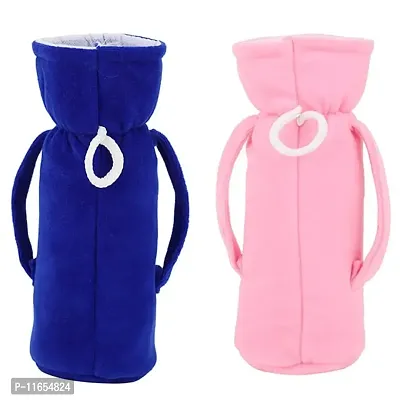 MW PRINTS Soft Plush Stretchable Baby Feeding Bottle Cover Easy to Hold Strap with Animated Cartoon Suitable for 125 ML-250 ML Feeding Bottle (Blue & Pink)-thumb2